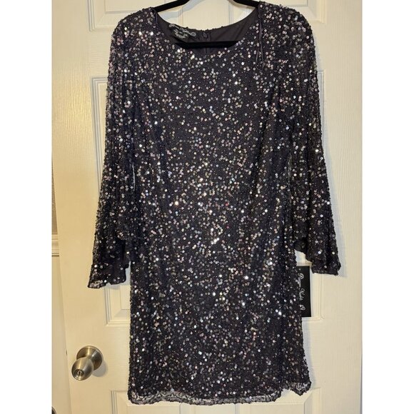 Pisarro Nights Dress 10P Bell Sleeve Sequin Beaded Wedding Party Formal NEW - Picture 12 of 13